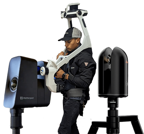 SCENA technician with NavVis VLX3, Matterport Pro3, and Leica BLK360 scanners